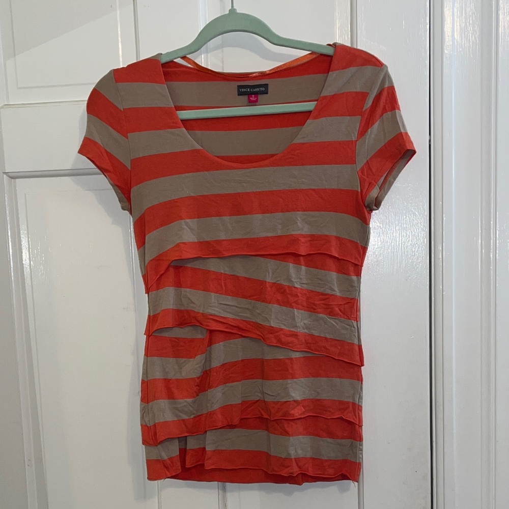 Vince Camuto Orange and Tan Striped Short Sleeve Tee Size Small